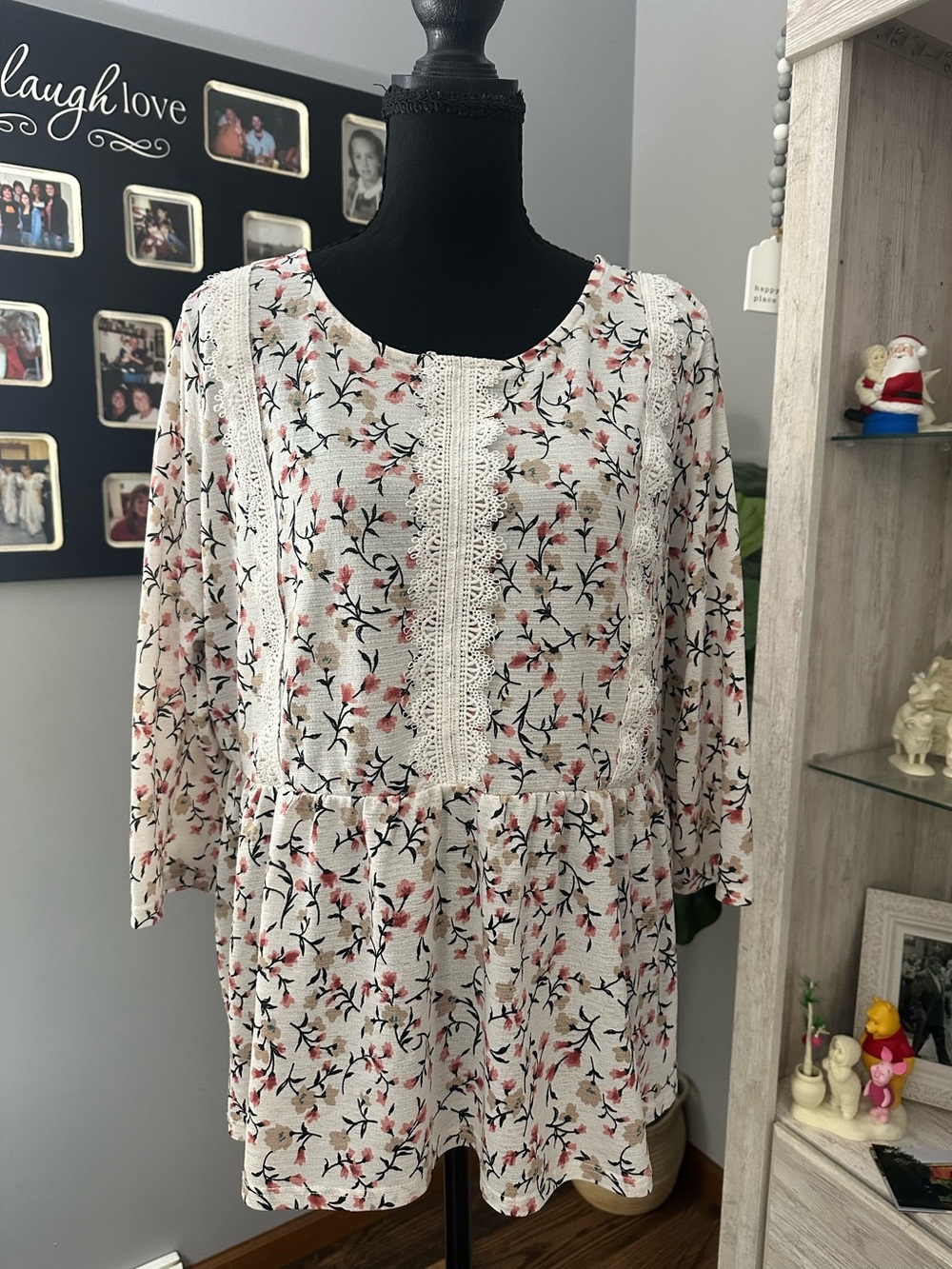 Belldini Cream Tunic Top with Pink Floral & Lace Trim